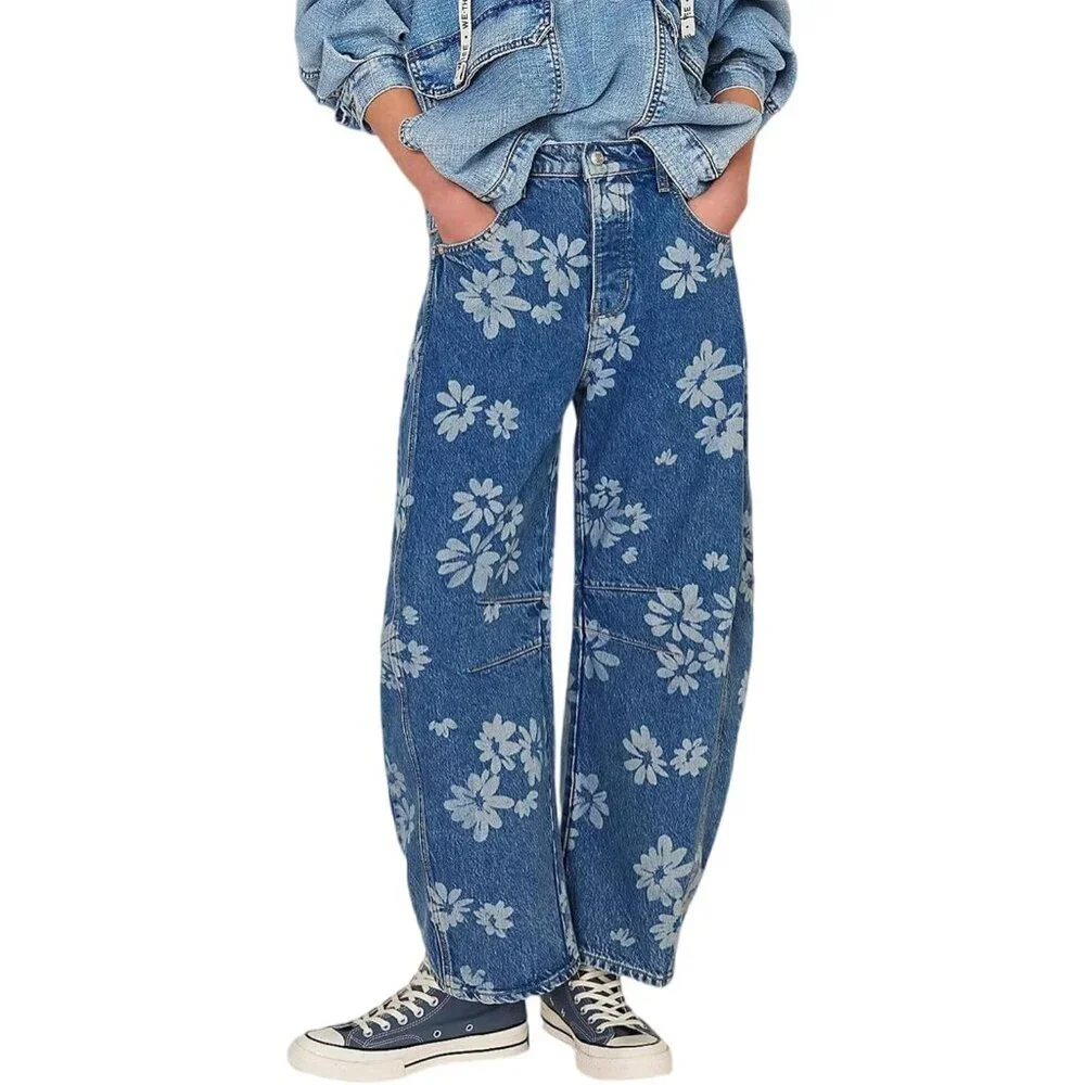 Women's Baggy Wide Leg Denim Jeans Floral Print Mid Rise Ankle Pants - Picture 1 of 6